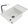 Mexen Elias 1-bowl granite sink with drainer and Flora kitchen faucet, white - 6511-20-670401-07-B