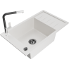 Mexen Elias 1-bowl granite sink with drainer and Flora kitchen tap, white - 6511-20-670401-07-B