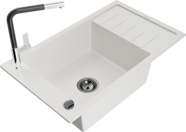 Mexen Elias 1-bowl granite sink with drainer and Flora kitchen faucet, white - 6511-20-670401-07-B