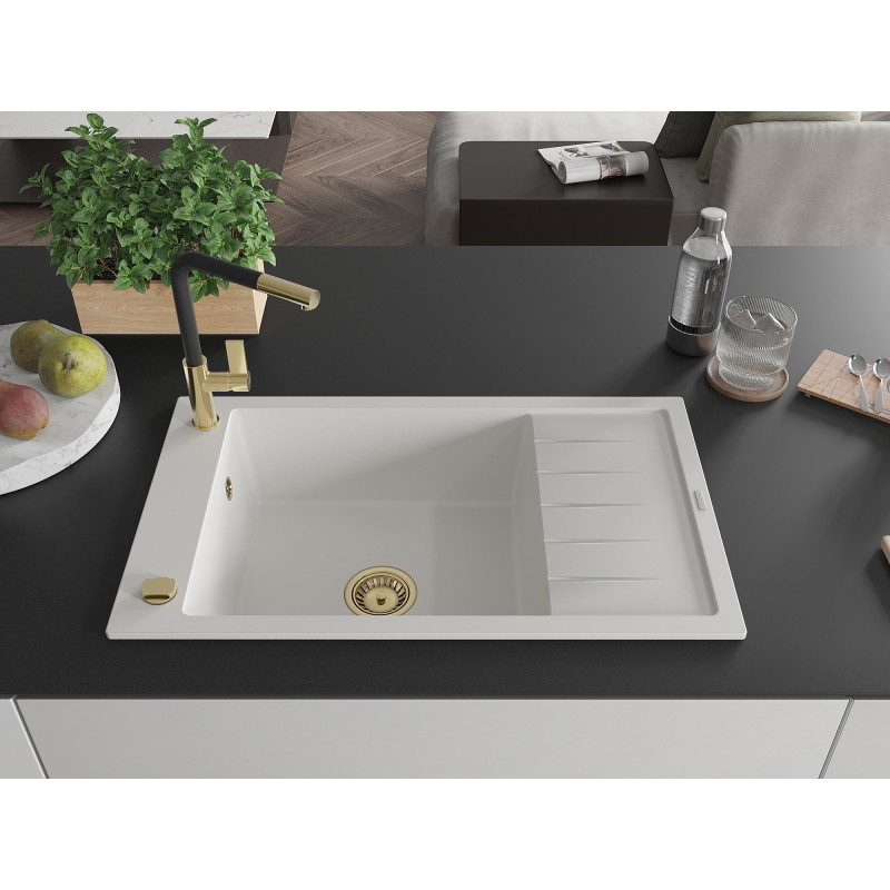 Mexen Elias granite sink 1-bowl with drainer and kitchen faucet Flora, white - 6511-20-670401-57-G