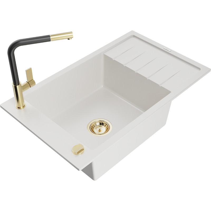 Mexen Elias granite single-bowl sink with drainer and Flora kitchen faucet, white - 6511-20-670401-57-G