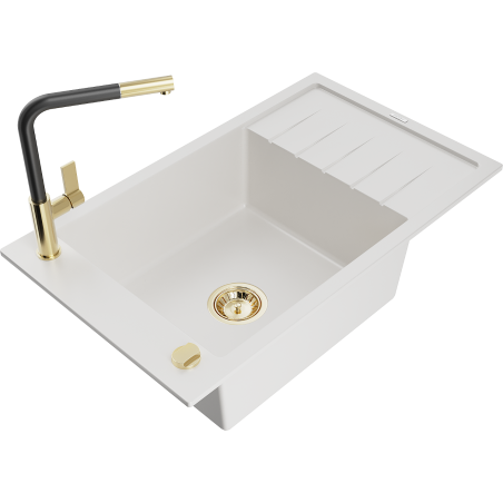 Mexen Elias 1-compartment granite sink with a drip tray and kitchen mixer tap Flora, White - 6511-20-670401-57-G