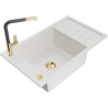 Mexen Elias 1-compartment granite sink with a drip tray and kitchen mixer tap Flora, White - 6511-20-670401-57-G
