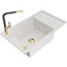 Mexen Elias granite single-bowl sink with drainer and Flora kitchen faucet, white - 6511-20-670401-57-G