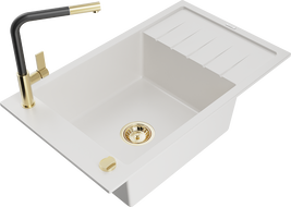 Mexen Elias granite single-bowl sink with drainer and Flora kitchen faucet, white - 6511-20-670401-57-G