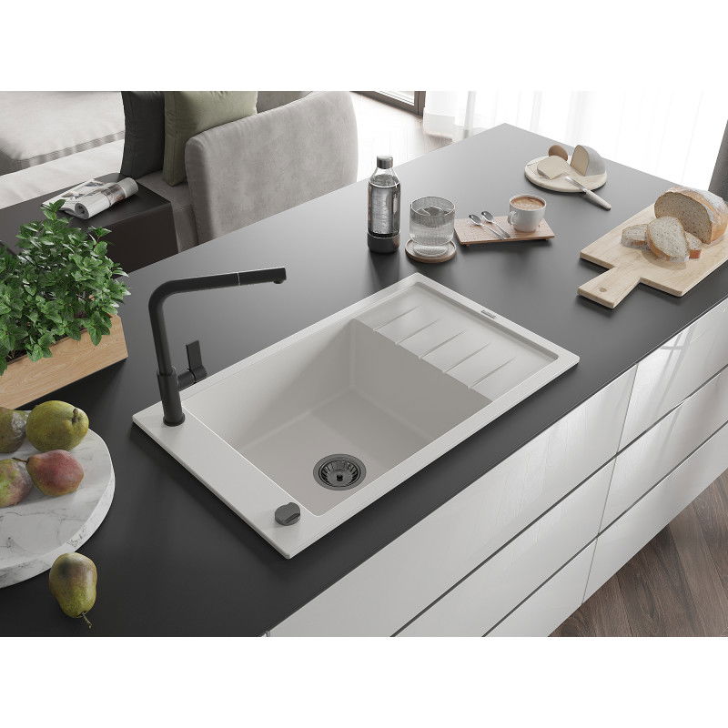 Mexen Elias granite sink 1-bowl with drainer and Flora kitchen tap, white - 6511-20-670401-70-B