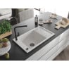 Mexen Elias 1-bowl granite sink with drainer and Flora kitchen faucet, white - 6511-20-670401-70-B