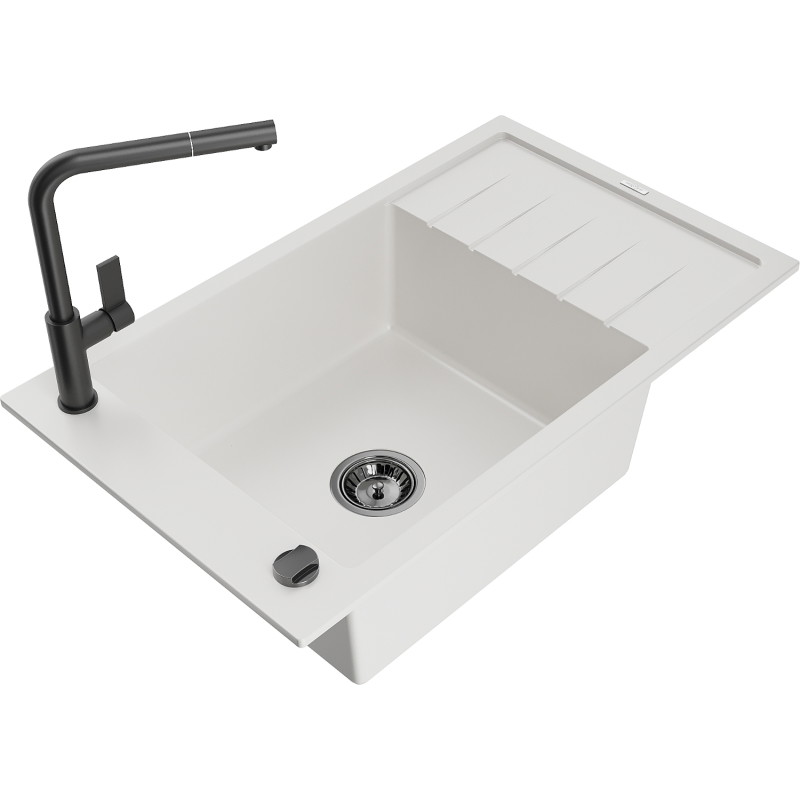 Mexen Elias 1-bowl granite sink with drainer and Flora kitchen faucet, white - 6511-20-670401-70-B