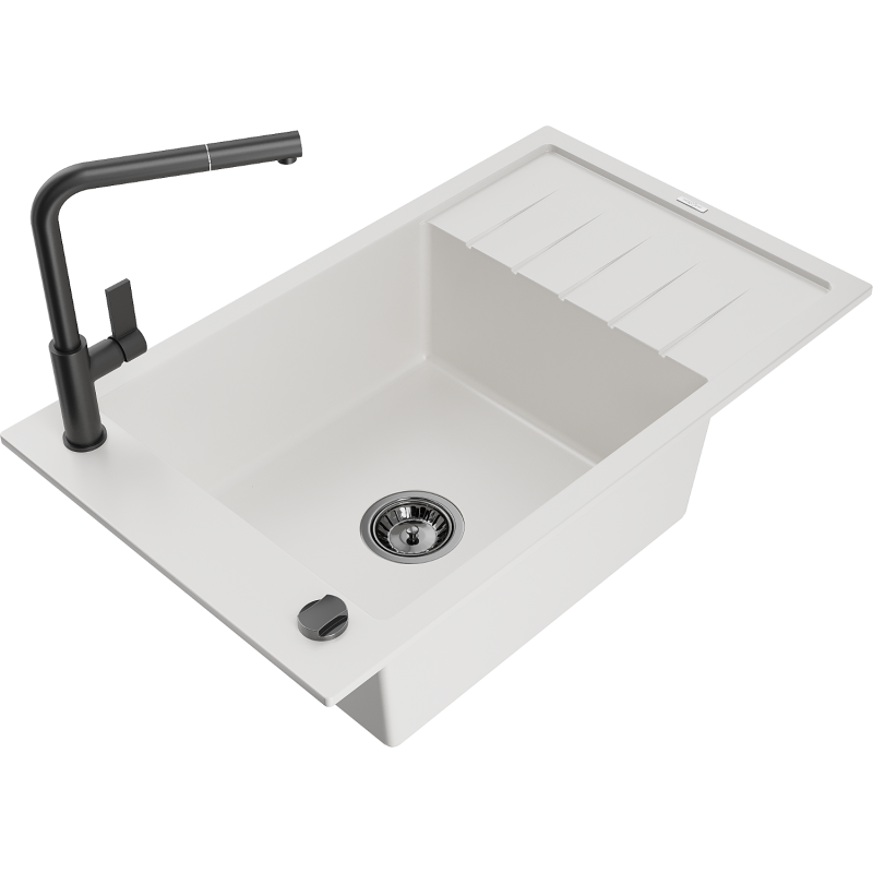 Mexen Elias 1-compartment granite sink with a drip tray and kitchen mixer tap Flora, White - 6511-20-670401-70-B