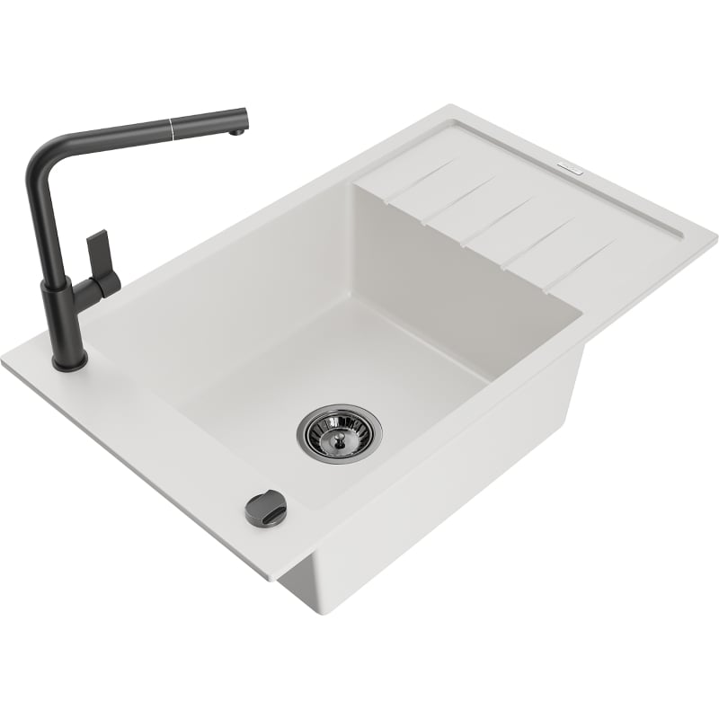 Mexen Elias granite sink 1-bowl with drainer and kitchen faucet Flora, white - 6511-20-670401-70-B