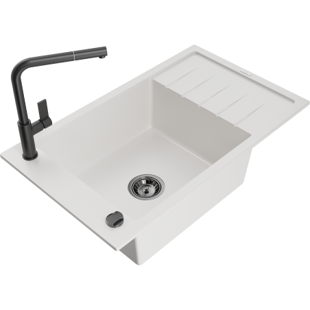 Mexen Elias 1-compartment granite sink with a drip tray and kitchen mixer tap Flora, White - 6511-20-670401-70-B