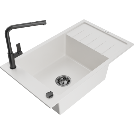 Mexen Elias granite sink 1-bowl with drainer and Flora kitchen tap, white - 6511-20-670401-70-B