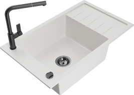 Mexen Elias 1-compartment granite sink with a drip tray and kitchen mixer tap Flora, White - 6511-20-670401-70-B