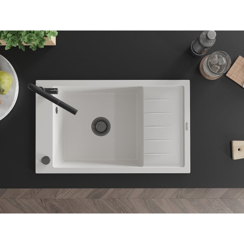 Mexen Elias granite sink 1-bowl with drainer and kitchen faucet Flora, white - 6511-20-670401-70-B