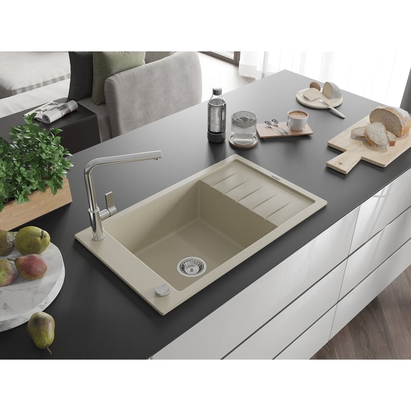 Mexen Elias 1-bowl granite kitchen sink with drainer and Flora kitchen faucet, beige - 6511-69-670401-00