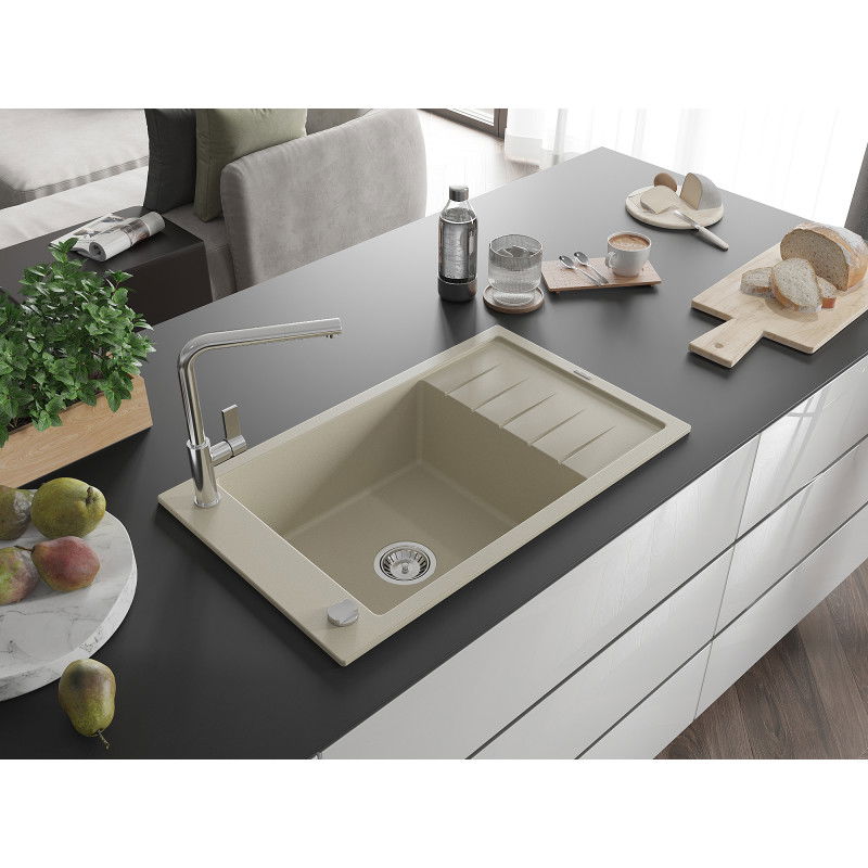 Mexen Elias 1-bowl granite sink with drainer and Flora kitchen tap, beige - 6511-69-670401-00