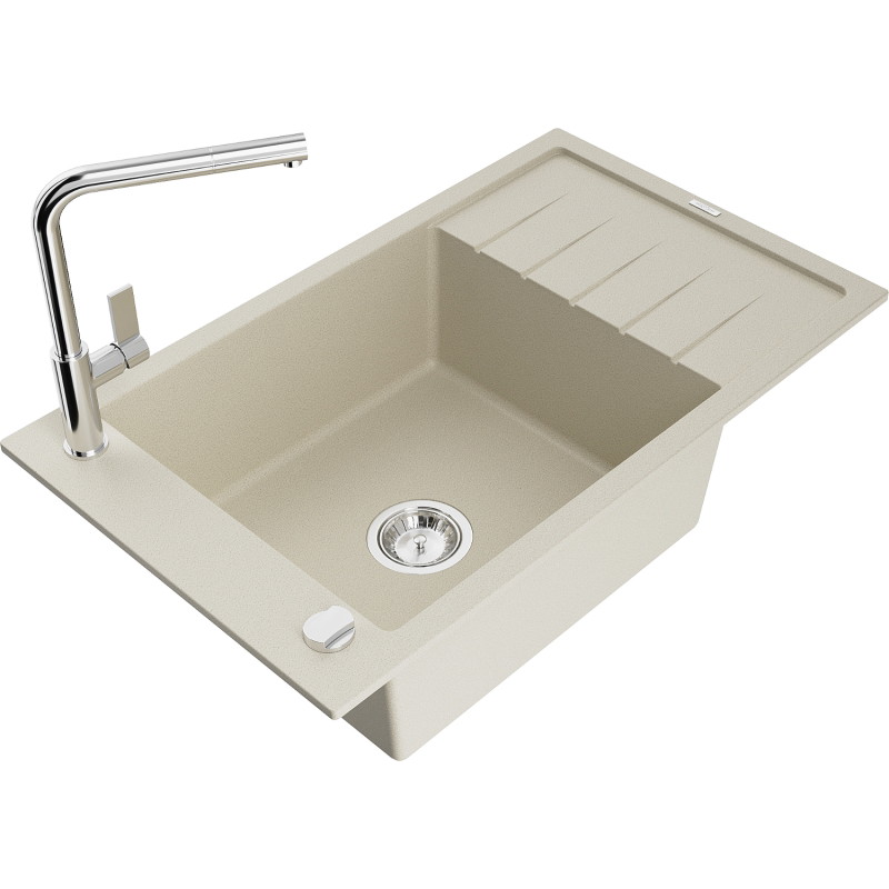 Mexen Elias 1-bowl granite kitchen sink with drainer and Flora kitchen faucet, beige - 6511-69-670401-00