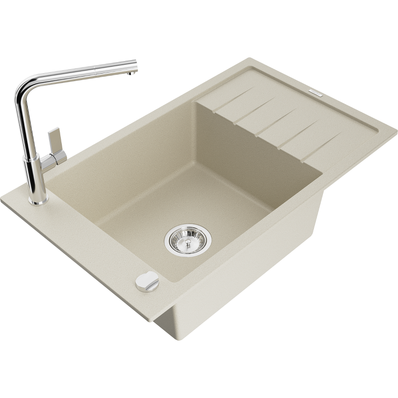 Mexen Elias 1-bowl granite sink with drainer and Flora kitchen tap, beige - 6511-69-670401-00
