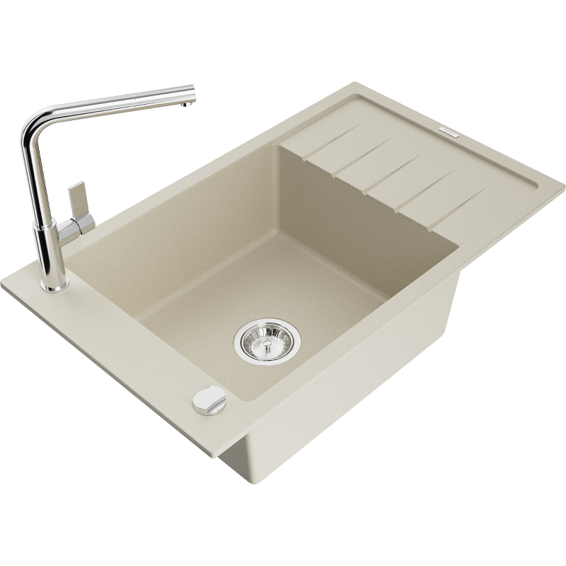 Mexen Elias 1-compartment granite sink with a drip tray and kitchen mixer tap Flora, Beige - 6511-69-670401-00