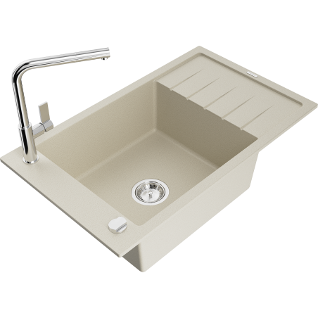 Mexen Elias 1-bowl granite sink with drainer and Flora kitchen faucet, beige - 6511-69-670401-00