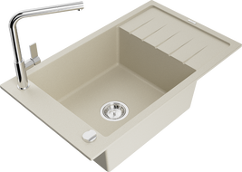 Mexen Elias 1-compartment granite sink with a drip tray and kitchen mixer tap Flora, Beige - 6511-69-670401-00