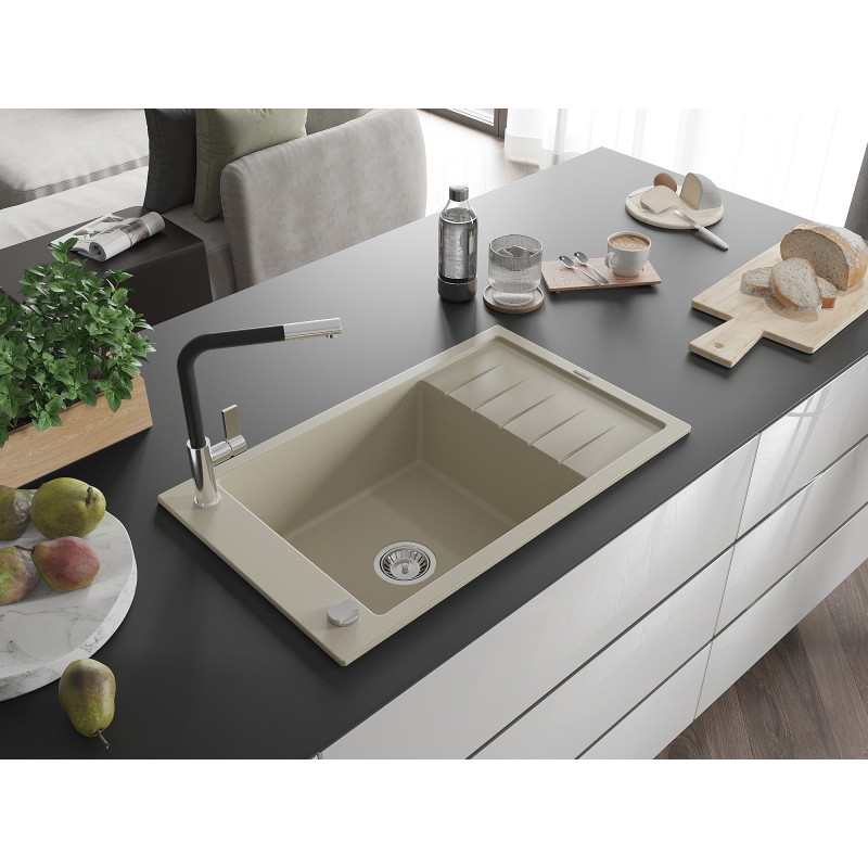 Mexen Elias 1-bowl granite sink with drainer and Flora kitchen faucet, beige - 6511-69-670401-07