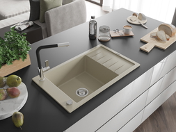 Mexen Elias 1-compartment granite sink with a drip tray and kitchen mixer tap Flora, Beige - 6511-69-670401-07