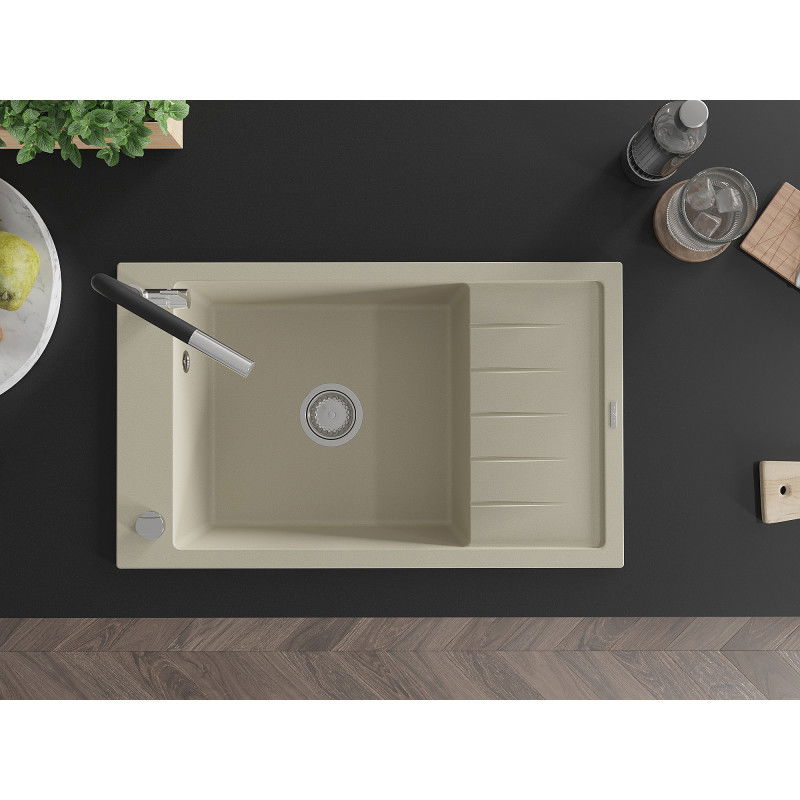 Mexen Elias granite kitchen sink with 1 basin, drainer, and Flora kitchen tap, beige - 6511-69-670401-07