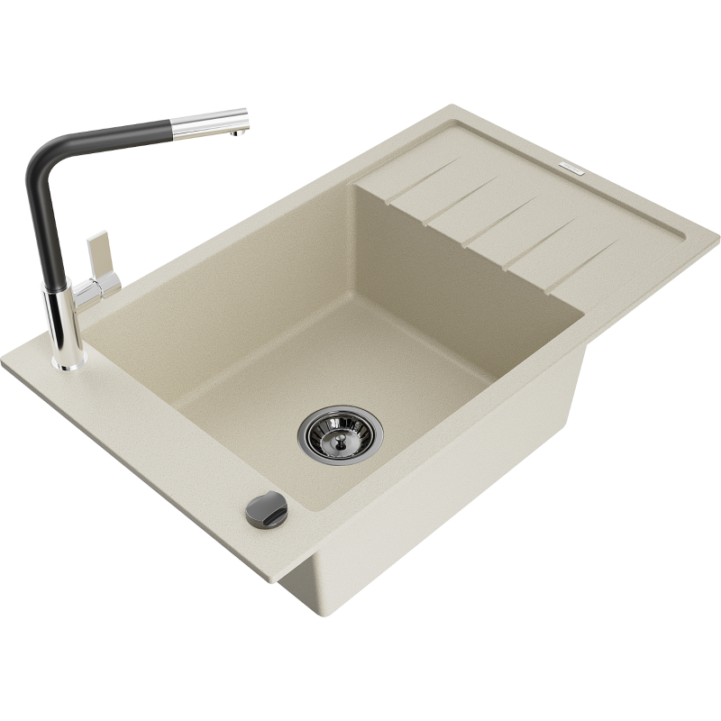 Mexen Elias granite kitchen sink with 1 basin, drainer, and Flora kitchen tap, beige - 6511-69-670401-07