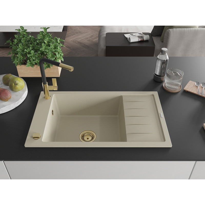 Mexen Elias 1-bowl granite sink with drainer and Flora kitchen faucet, beige - 6511-69-670401-57-G