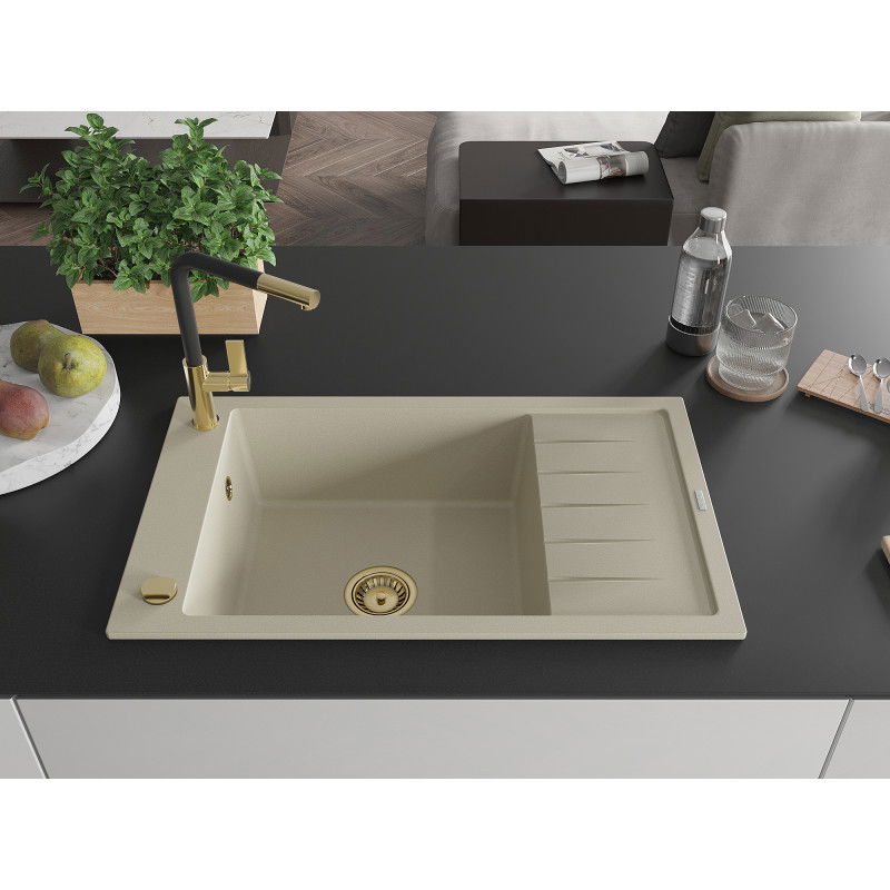 Mexen Elias granite kitchen sink 1-bowl with drainer and Flora kitchen tap, beige - 6511-69-670401-57-G