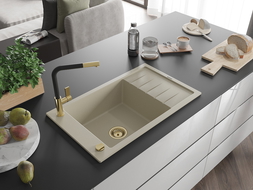 Mexen Elias 1-compartment granite sink with a drip tray and kitchen mixer tap Flora, Beige - 6511-69-670401-57-G