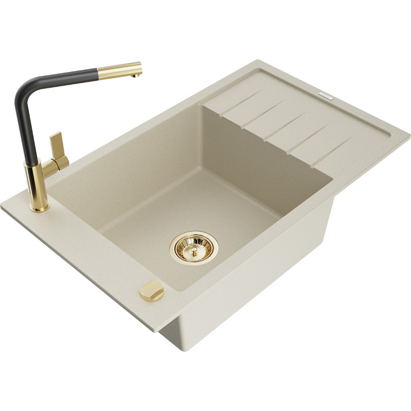Mexen Elias 1-bowl granite sink with drainer and Flora kitchen faucet, beige - 6511-69-670401-57-G