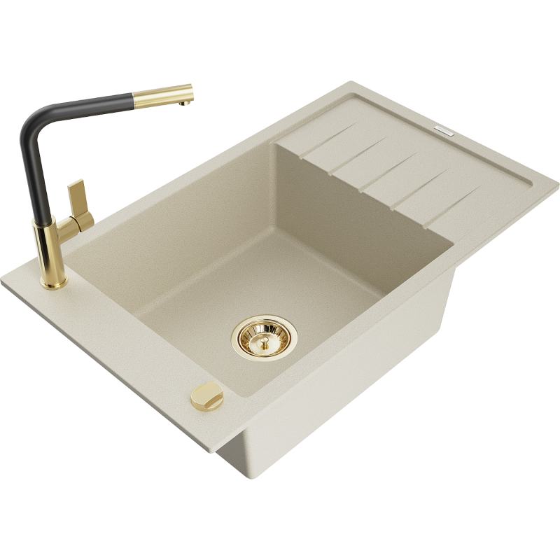 Mexen Elias granite kitchen sink 1-bowl with drainer and Flora kitchen tap, beige - 6511-69-670401-57-G