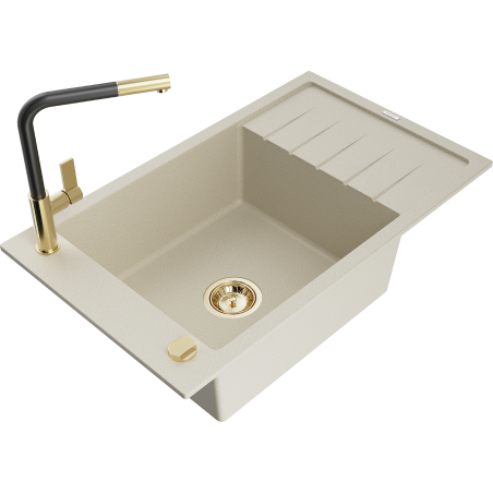 Mexen Elias 1-bowl granite sink with drainer and Flora kitchen faucet, beige - 6511-69-670401-57-G