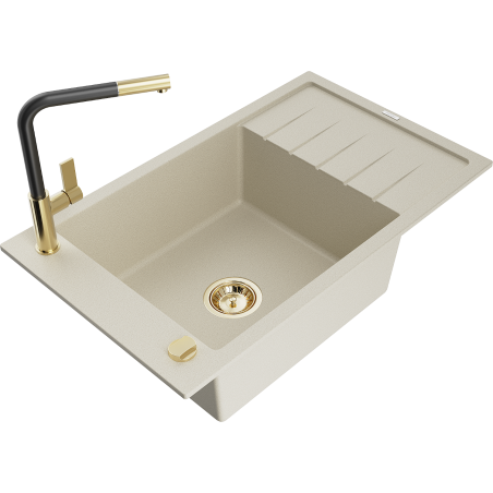 Mexen Elias granite kitchen sink 1-bowl with drainer and Flora kitchen tap, beige - 6511-69-670401-57-G