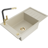 Mexen Elias 1-compartment granite sink with a drip tray and kitchen mixer tap Flora, Beige - 6511-69-670401-57-G