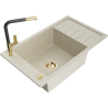 Mexen Elias granite kitchen sink 1-bowl with drainer and Flora kitchen tap, beige - 6511-69-670401-57-G