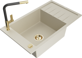 Mexen Elias 1-compartment granite sink with a drip tray and kitchen mixer tap Flora, Beige - 6511-69-670401-57-G