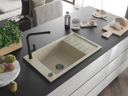 Mexen Elias 1-bowl granite sink with drainer and Flora kitchen tap, beige - 6511-69-670401-70-B