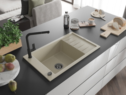 Mexen Elias 1-compartment granite sink with a drip tray and kitchen mixer tap Flora, Beige - 6511-69-670401-70-B