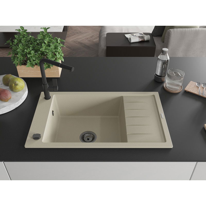 Mexen Elias 1-bowl granite sink with drainer and Flora kitchen tap, beige - 6511-69-670401-70-B