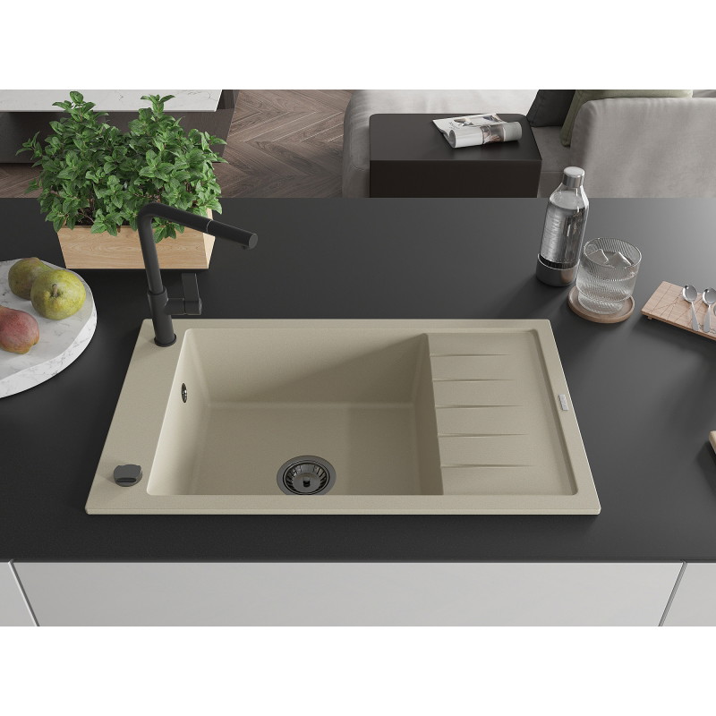 Mexen Elias granite kitchen sink with 1 bowl, drainer and Flora faucet, beige - 6511-69-670401-70-B