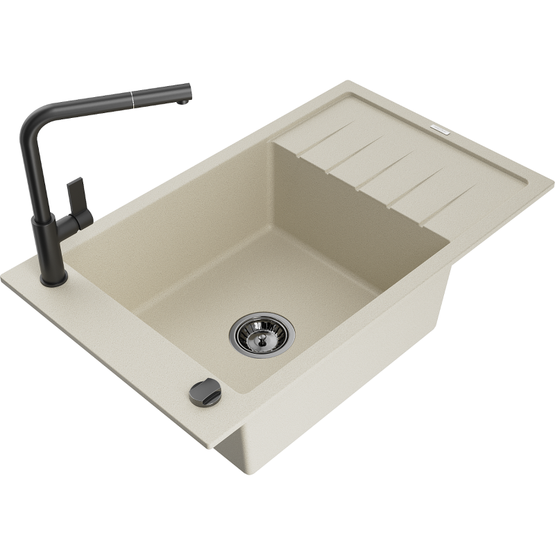 Mexen Elias 1-bowl granite sink with drainer and Flora kitchen tap, beige - 6511-69-670401-70-B