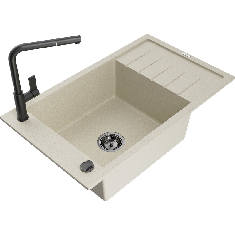 Mexen Elias granite kitchen sink with 1 bowl, drainer and Flora faucet, beige - 6511-69-670401-70-B