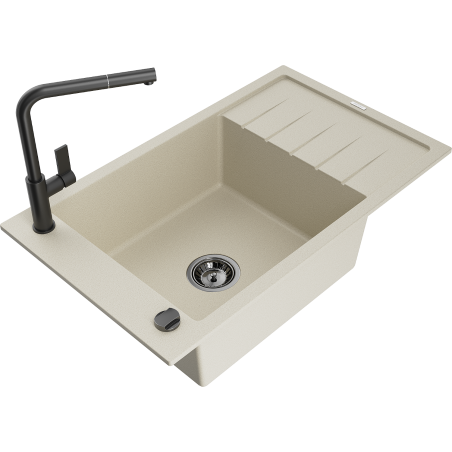 Mexen Elias 1-bowl granite sink with drainer and Flora kitchen tap, beige - 6511-69-670401-70-B