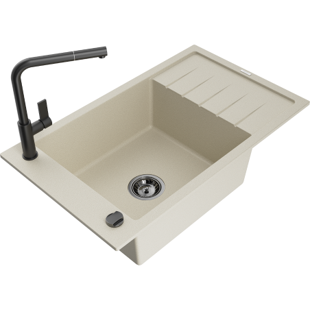 Mexen Elias 1-compartment granite sink with a drip tray and kitchen mixer tap Flora, Beige - 6511-69-670401-70-B