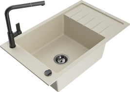 Mexen Elias 1-compartment granite sink with a drip tray and kitchen mixer tap Flora, Beige - 6511-69-670401-70-B