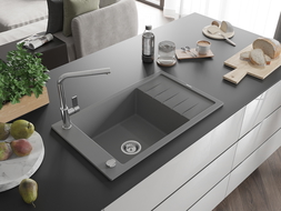 Mexen Elias 1-compartment granite sink with a drip tray and kitchen mixer tap Flora, Grey - 6511-71-670401-00