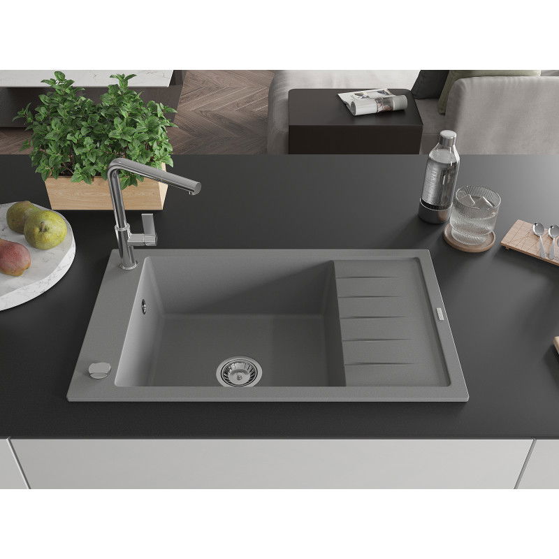 Mexen Elias 1-bowl granite sink with drainer and Flora kitchen tap, grey - 6511-71-670401-00